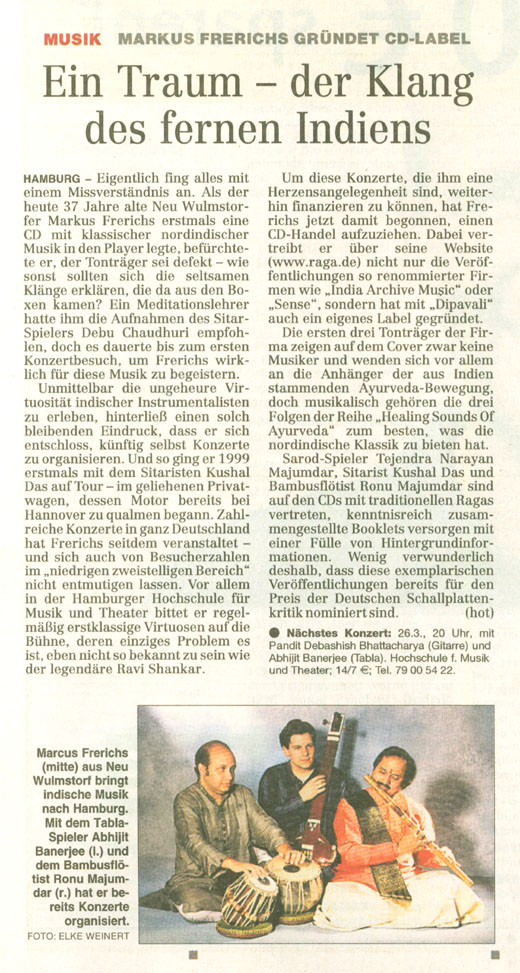Hamburger Abendblatt zu den Healing Sounds of Ayurveda: Vata CD, Pitta CD, Kapha CD - Artikel vom 24. März 2007